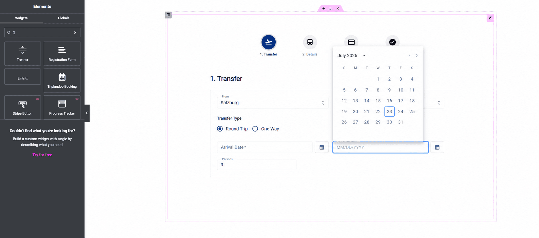 Triplandoo preview inside the WordPress Elementor editor
