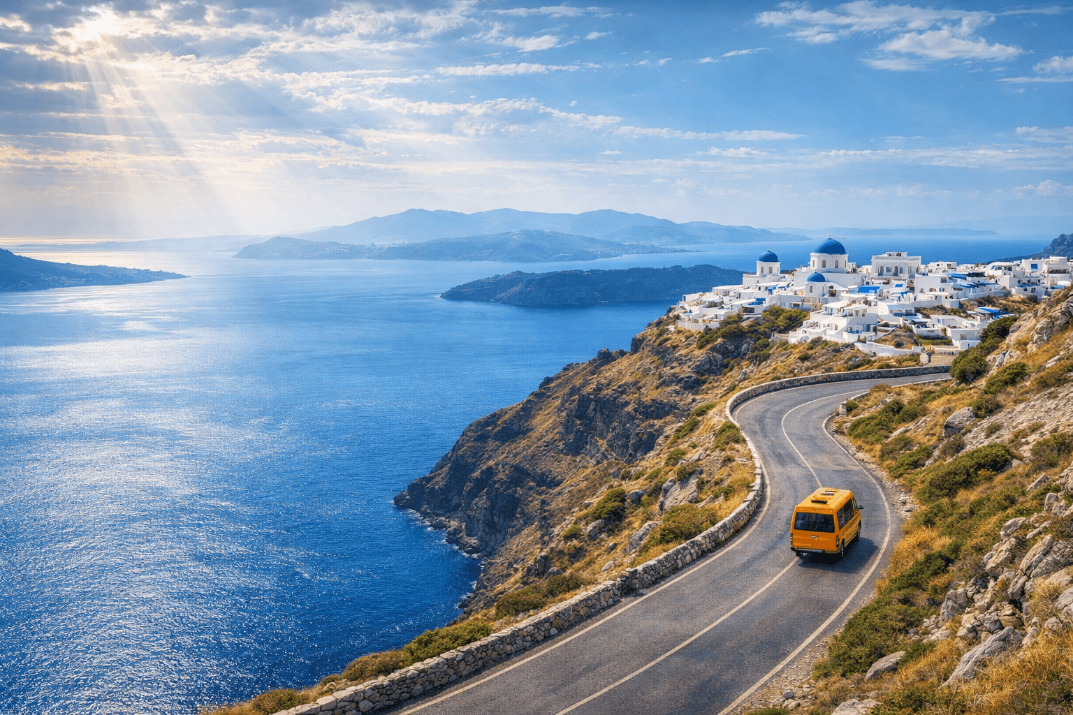 Modern mini bus driving on an empty forest road in Canada