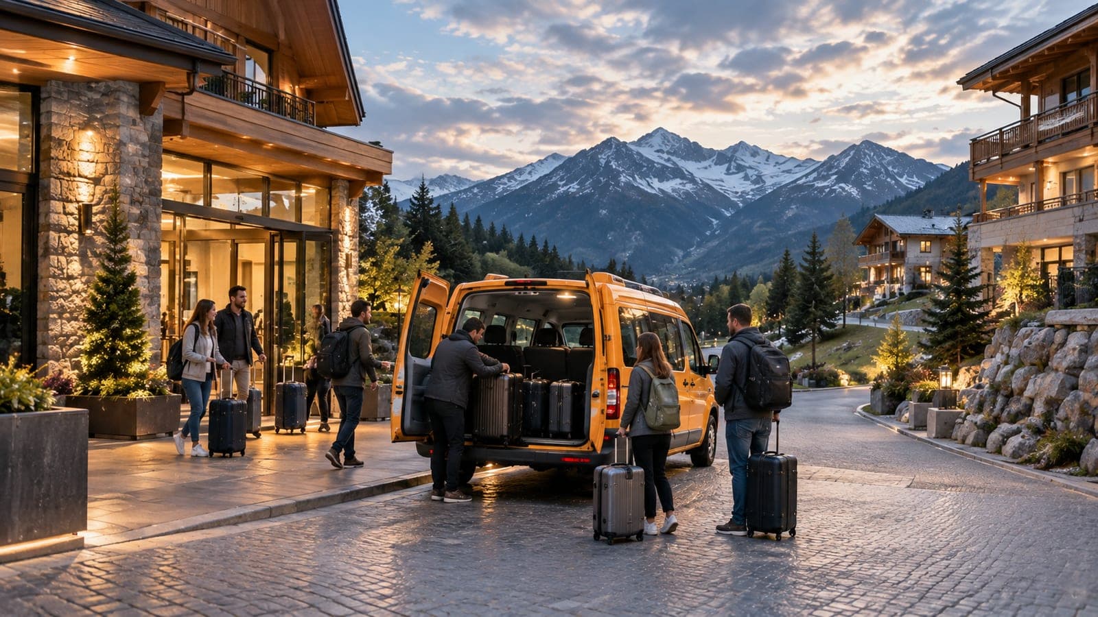 Passengers loading luggage into a shared transfer van outside an alpine resort hotel